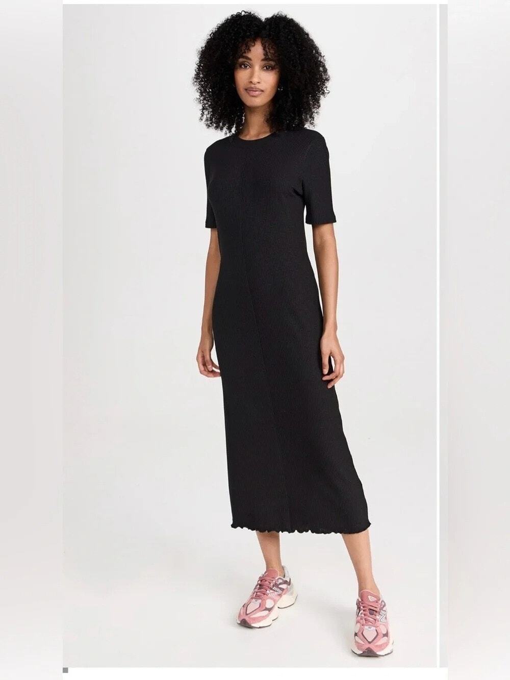 Sweaty Betty Black Ribbed Short Sleeve Fitted Athleisure Midi Dress XL